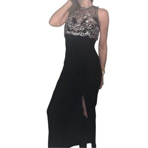 Vtg 90's Y2K Whimsigoth Dress Velvet Maxi Sz S Black Metallic Beaded Party Vamp